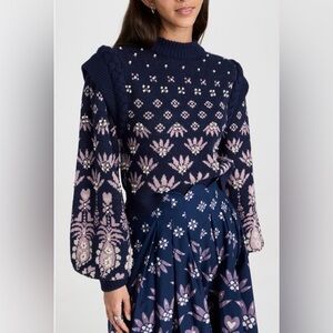 FARM Rio Navy Crewneck Sweater with Pale Pink Fair Isle Motif